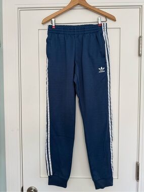 Adidas Originals Blue Joggers with White Three-Stripe Men’s Size Medium
